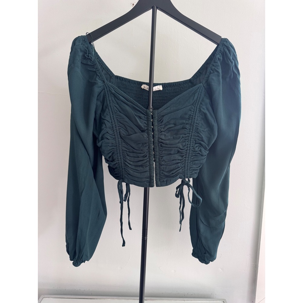 Elodie Ruched Front Hook Eye Crop Top Forest Green Long Sleeve Smocked Back L